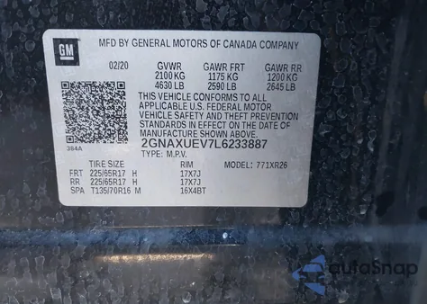 2020 Chevrolet Equinox Awd Lt 1.5L Turbo z USA, uszkodzony, nr VIN 2GNAXUEV7L6233887